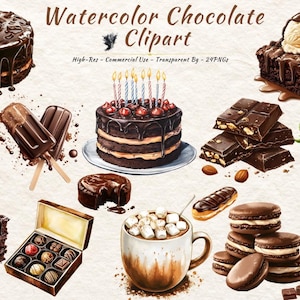 Chocolade clipart - dessert PNG bundel - aquarel zoete lekkernijen kunst - chocoladetaart, brownies, cupcakes, digitale download
