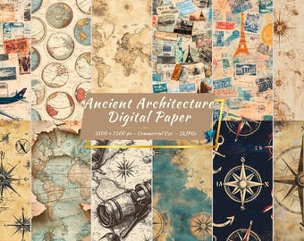Carte papier numérique vintage, boussole nautique antique indésirable journal éphémère (12 JPG)