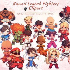 Colección de imágenes prediseñadas PNG de luchadores kawaii / Personajes de luchadores legendarios más queridos en estilo chibi