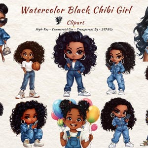Watercolor Afro Chibi Girl Clipart: Fashion Doll PNG (Digital Download)