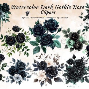Watercolor Black Gothic Rose Clipart | Dark Floral PNG | Bouquet Gothic Wedding Sublimation | Black Flowers