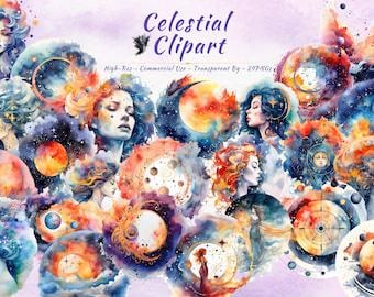 Celestial Clipart Bundle, Mystical Goddess Galaxy Spiritual Moon Stars (20 PNGs)