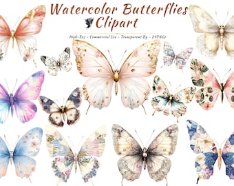 Butterfly Clipart Bundle, Watercolor Pastel Spring Garden Floral PNG Illustrations (24 PNGs)