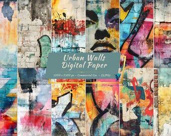 Graffiti Digital Paper, Street Art Brick Wall Urban Texture Backgrounds (8 JPGs)