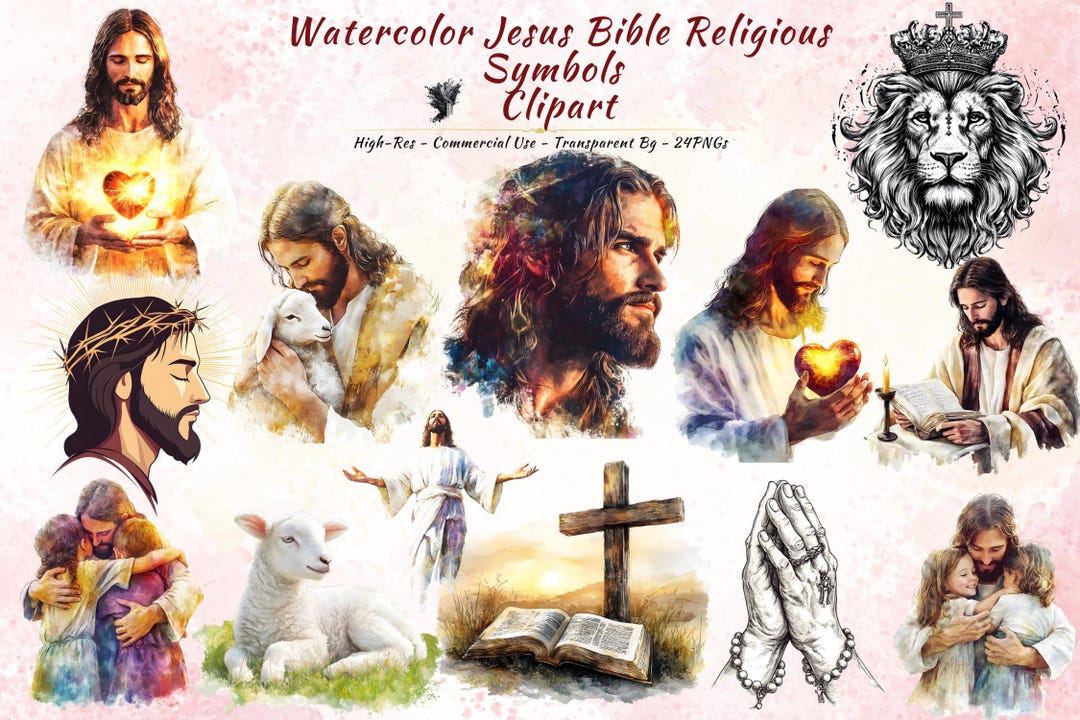 Jesus Clipart Bundle, Watercolor Christian Faith Religious Art (24 Pngs ...