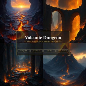 May include: A digital product display titled Volcanic Dungeon Dungeon Master Screen + GM Toolkit. It features four scenes of lava landscapes, stone arches, and pillars. Text includes 11-Page PDF, US Letter + A4, 300 DPI, and Instant Download.