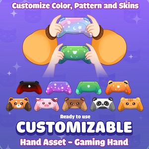 May include: A set of customizable gaming hand assets with different colored controllers and animal characters. The text "Ready to use CUSTOMIZABLE Hand Asset - Gaming Hand" is displayed below the image. The text "Designed by Nekko Vtuber" is displayed at the bottom of the image.