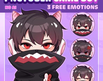 Puede incluir: Un personaje de dibujos animados con cabello negro y ojos rojos que lleva una sudadera con capucha negra con un diseño rojo y blanco. El personaje tiene orejas de conejo y se muestra con tres expresiones diferentes: neutral, enojado y feliz. El texto "PNGTUBER GAME BOY" y "3 FREE EMOTIONS" se muestra arriba del personaje. El texto "YOU CAN ORDER MORE EMOTIONS" se muestra debajo del personaje.