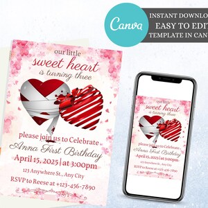 Little Sweetheart Is turning One Invitation Sweetheart Birthday Invitation Valentine Birthday Invite  Instant Download