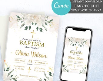 Botanical Christening Invitation Template: Eucalyptus Greenery (Digital Download)
