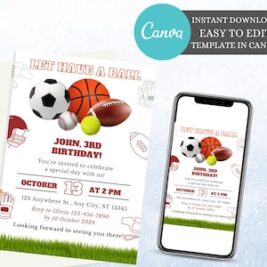 Sports Birthday Invitation Ball Sports Birthday Party Invitation Sports Theme Party Basketball Soccer Football All Star Birthday Party