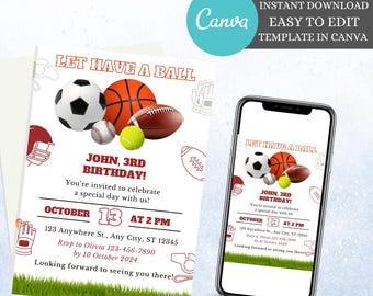 Sports Birthday Invitation: Canva Template (Digital Download)