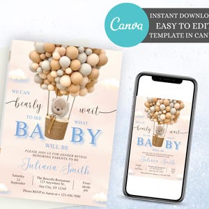 Editable Brown Bear Balloon Baby Shower Invitation We Can Bearly Wait Teddy Bear Balloons Baby Shower Invitation Bear Baby Shower Invite