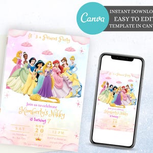 Princess Birthday Invitation Princess Invitation Princess Party Invitation Girls Birthday Invite Girl Princesses Invitation EDITABLE Digital