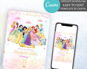 Princess Birthday Invitation: Fairytale Party, Editable Canva Template (Digital)