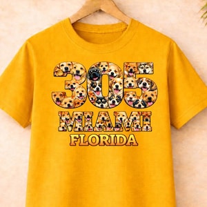 Camiseta 305 para amantes de los perros en Miami, Florida. Camiseta con collage de cachorros adorables. Regalo con el código de área de Miami. Camiseta de vacaciones para mamás de perros.