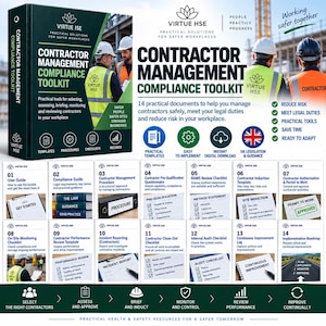 Può includere: Un kit di conformità per la gestione degli appaltatori con un raccoglitore verde scuro e una scheda informativa. Il kit include 14 documenti pratici, modelli e liste di controllo per gestire gli appaltatori, ridurre i rischi e rispettare gli obblighi di legge.