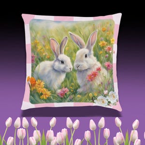 Spring Time Rabbits Square Pillow - Pink Back, Easter Decor, Country Side Vibes, Cute Animal Pillow, Cottage Core Pillow, Bunny Decor