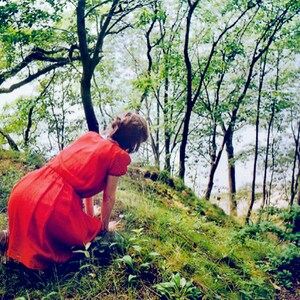 以下が含まれることがあります： 赤いドレスを着た女性が、背景に木々が生い茂る草地でひざまずいています。女性は横を向いており、木々は高く葉が茂っています。
