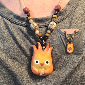 Sparkling Studio Ghibli Calcifer Pendant Necklace — Featuring Howl’s Hidden Heart and Raw Crystal!