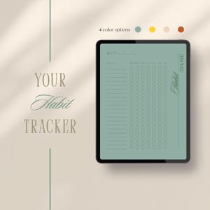Könnte beinhalten: Ein digitaler Gewohnheitstracker, der auf einem Tablet angezeigt wird. Der Bildschirm hat eine gedämpfte teal Farbe mit einem Raster aus Kreisen zur Verfolgung von Gewohnheiten. Die Worte "Your Habit Tracker" sind in eleganter Schrift geschrieben. Oben sind vier Farboptionen abgebildet.