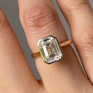 4.5 CT Radiant Cut Moissanite Ring: Yellow Gold Bezel Set Engagement Ring, Proposal Ring