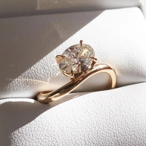Oval Moissanite Engagement Ring: East-West Setting, Hidden Halo Twisted Band Yellow Gold Ring
