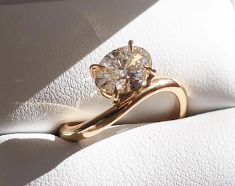 Oval Moissanite Engagement Ring: East-West Setting, Hidden Halo Twisted Band Yellow Gold Ring