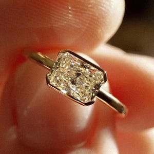 Bezel Set Radiant Cut Moissanite Engagement Ring, East West Radiant Cut Solitaire Wedding Ring, 14K Yellow Gold Promise Bridal Jewelry Gifts