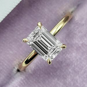 Solitaire Emerald Cut Moissanite Engagement Ring: 14K Yellow Gold Wedding Ring, Proposal Ring, Hidden Halo Ring