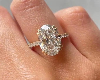 3 CT Oval Moissanite Engagement Ring: 14K Yellow Gold Double Claw Prong Ring
