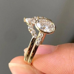 Vintage 2 CT Oval Cut Bezel Set Moissanite Engagement Ring Set, Yellow Gold Wedding Ring Set, Bridal Ring Set, Anniversary Gift For Her.