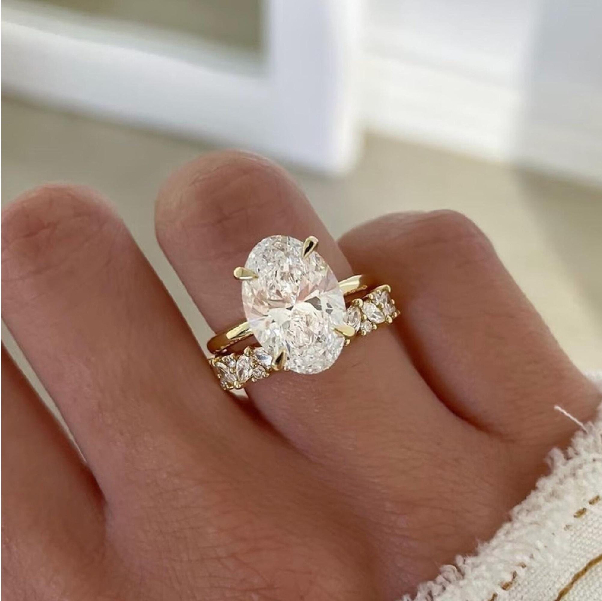 Oval Moissanite Engagement Ring Set: 14K Gold Bridal Wedding Ring Set, Anniversary Gift