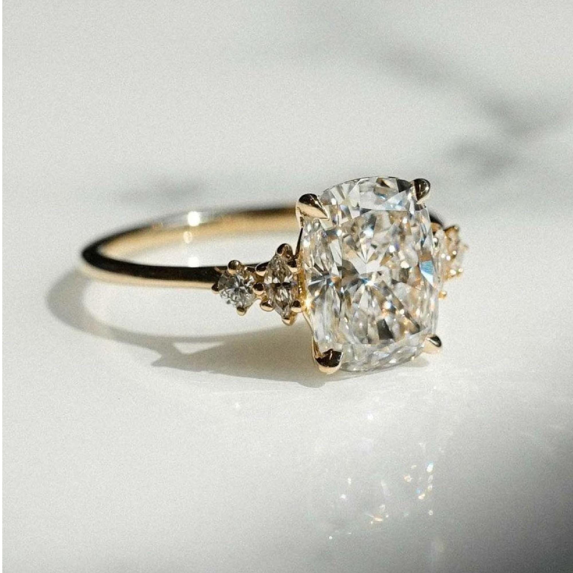 Elongated Cushion Cut Moissanite Engagement Ring: 14K Gold Cluster Ring, Wedding Ring.