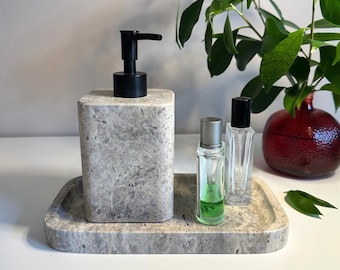 Silver Travertine Dispenser & Tray | Natural Stone | Bathroom | Kitchen