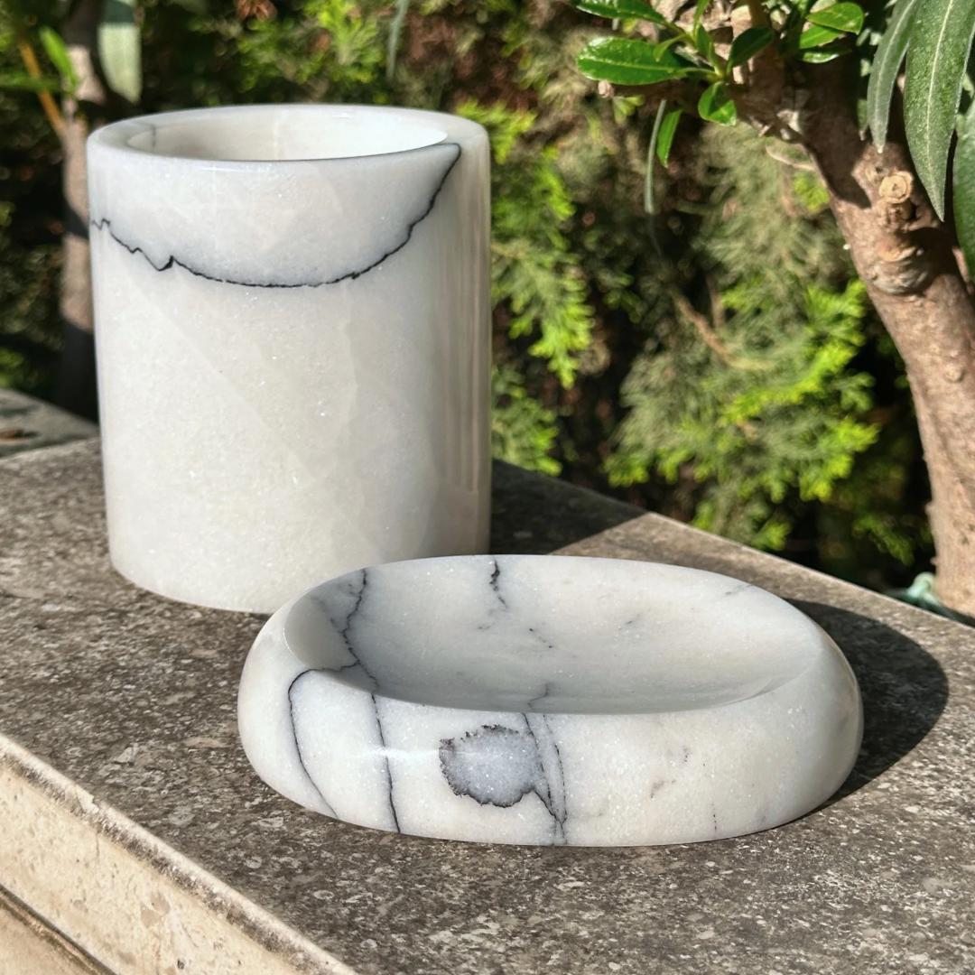 White Marble Soap Dish & Toothbrush Holder Set | Natural Stone | Bathroom Essentials