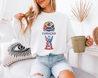 Curacao Flag Tribute Style Soccer Graphic Tee, World Tournament Trophy Animated Design, Football Inspired Gift for Fans Unisex T-Shirt