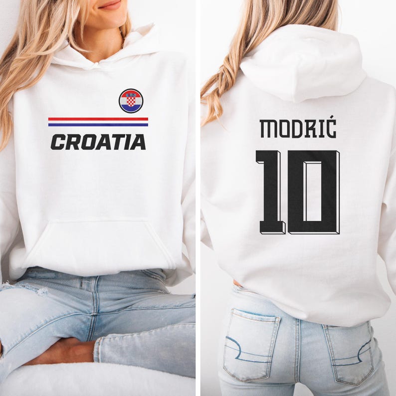A white hoodie with the word "Crotia" printed on it, along with the number "10" on the back.