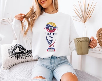Haiti Flag Colors Tribute Style Soccer Graphic Tee, World Tournament Trophy Animated Design, Football Inspired Gift for Fans Unisex T-Shirt