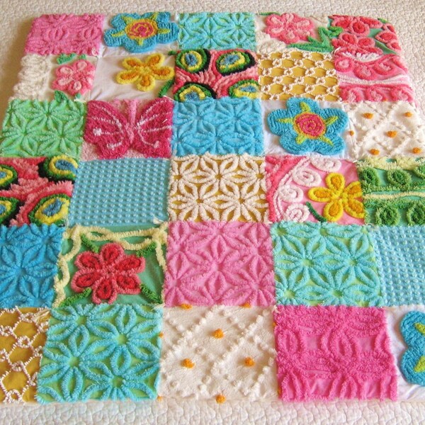 Fluffy Brights Chenille Baby Quilt - Posies, Peacocks and a Butterfly