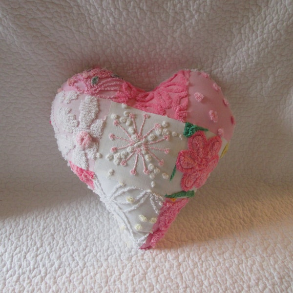 Mother's Day Retro Pink and White Vintage Chenille Pillow Patchwork Heart