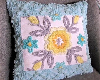 Cabin Crafts Vintage Chenille Botanical Pillow - Gray, Yellow Turquoise 15" x 15"