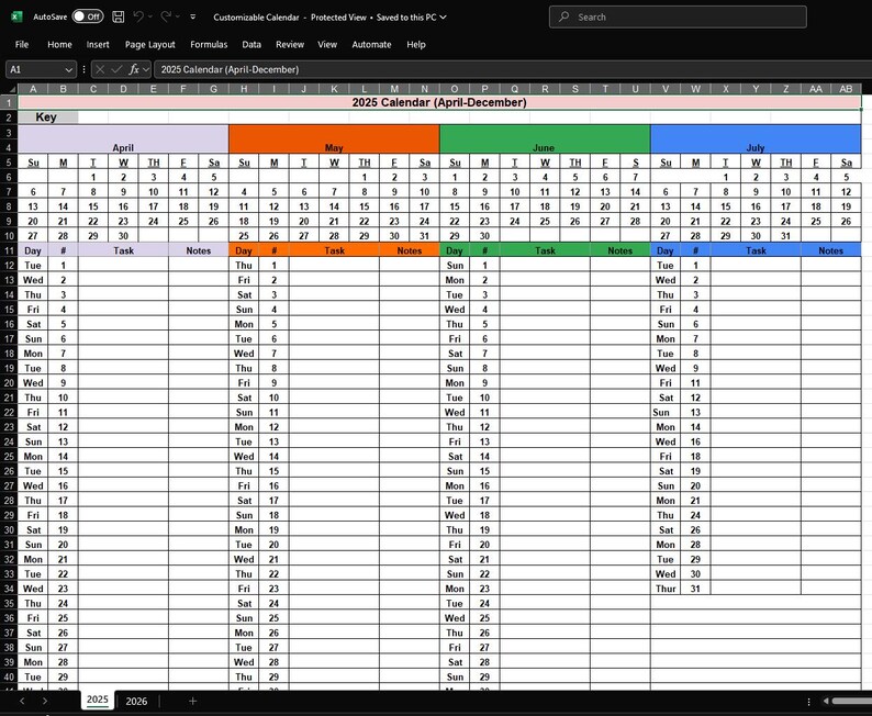 2025, 2026 Editable Spreadsheet Calendar | Digital Excel or Google
