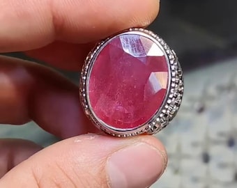 Big Size Natural Red Ruby Ring from Myanmar - 925 Sterling Silver Vintage Style Statement Gemstone Xmas Jewelry for Her