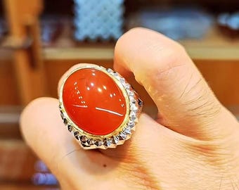 Naturlig röd jemenitisk Aqeeq-ring - Äkta original jemenitisk Aqeeq-stenring - Handgjord agatring - Traditionell röd Aqeeq-smyckesgåva