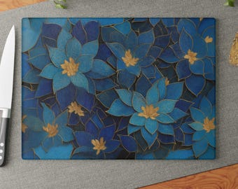 Tabla de cortar de vidrio con estampado floral azul, idea de regalo para el Día de la Madre, decoración botánica para el hogar, opción de comprar varios artículos.