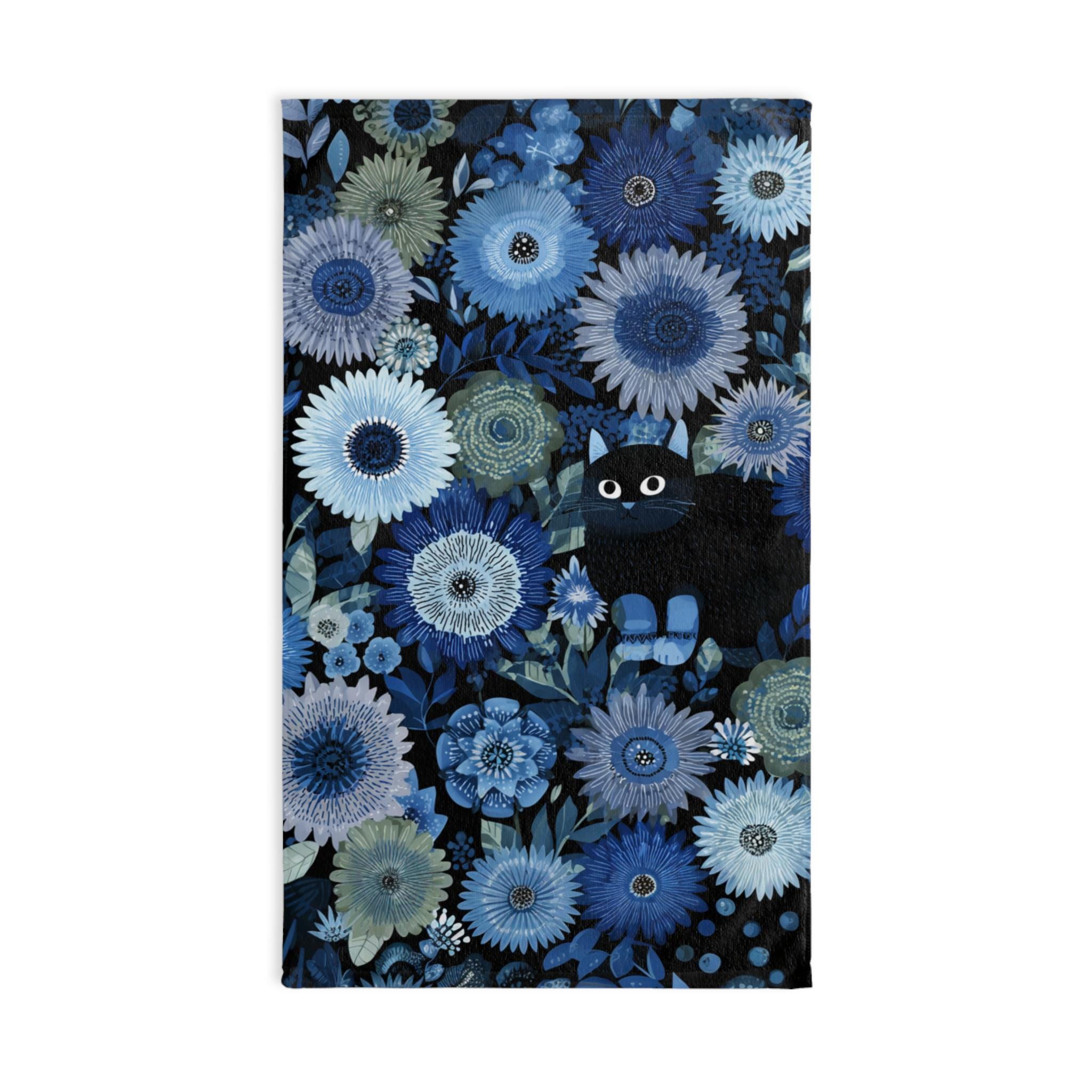 Blue Flowers and a Black Cat Hand Towel Floral Pattern Towel