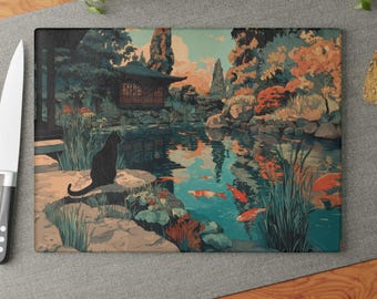 Tabla de cortar de cristal con diseño de gato negro observando peces. Idea de regalo para amantes de los animales. Decoración del hogar con temática animal. Diseño de interiores. Regalo ideal para chefs aficionados a la cocina.