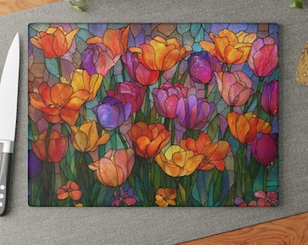 Tabla de cortar con flores de vidrieras moradas / Decoración romántica de aniversario para la cocina / Arte floral multicolor / Regalo para mamá
