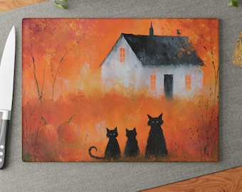 Black Cat Trio Cottage Glass Cutting Board | Autumn Orange Landscape